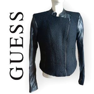 **SOLD** GUESS black knit and faux leather asymmetric moto sleeve zip jacket